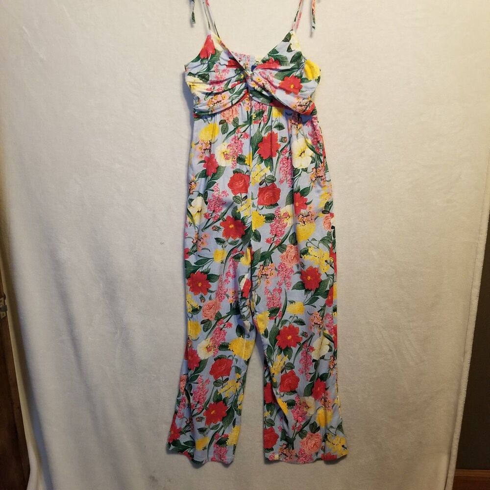 Old Navy M Jumpsuit Multicolor Floral Linen Blend Tie Strap Smocked Cropped Boho